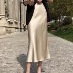 Silk Satin Skirts for Women Korean Style Champagne