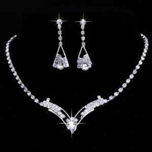 Silver Color Rhinestone Crystal Bridal Jewelry Set Earrings Necklace Wedding Geometric Elegant Romantic Bridesmaid Jewelry Sets 2