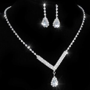 Silver Color Rhinestone Crystal Bridal Jewelry Set Earrings Necklace Wedding Geometric Elegant Romantic Bridesmaid Jewelry Sets 5