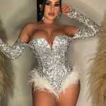 Silver Gold Sequin Feather Bodysuits Women Strapless Body