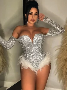 Silver Gold Sequin Feather Bodysuits Women Strapless Body Suit Tops Club Rompers Party Nightclub Sexy Bodycon