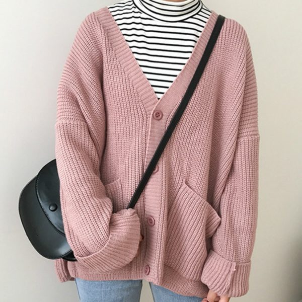 Simple Casual Oversized Sweater Women Loose V Neck Slim Knit Sweater Woman Autumn and Winter Korean