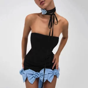 Skinny Bow Mini Dresses for Summer women s Dress 2024 New Solid Color Slim Fit Fashion