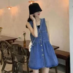 Sleeveless Strap Dress Women 2024 Summer Single Breasted