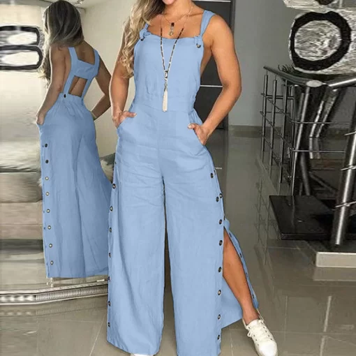 Sleeveless Women s Summer Jumpsuit Twisted Knot Cotton Linen Overalls Pants Backless Button Down Loose Long 1