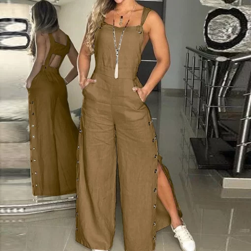 Sleeveless Women s Summer Jumpsuit Twisted Knot Cotton Linen Overalls Pants Backless Button Down Loose Long 2
