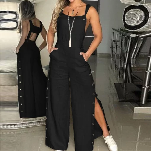 Sleeveless Women s Summer Jumpsuit Twisted Knot Cotton Linen Overalls Pants Backless Button Down Loose Long