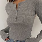 Solid Ribbed Basic Tees Shirts Long Sleeve Ruched