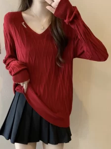 Solid V Neck Fashion Versatile Mid Length Knitted Sweater For Women s Clothing 2023New Autumn Winter 2