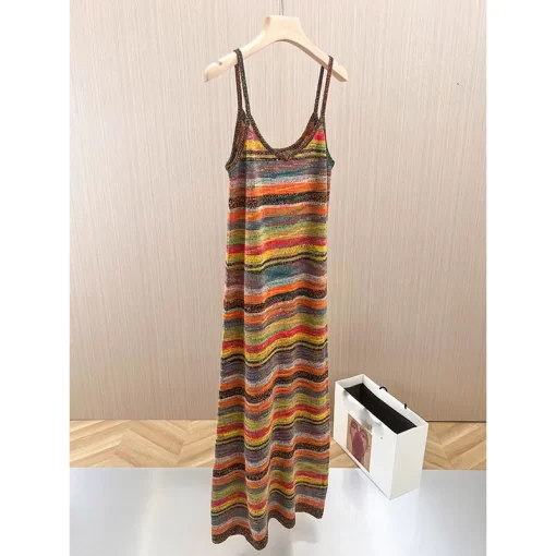 Spaghetti Strap Striped Bodycon Crochet Midi Dress 2024 Vintage Retro Chic Y2K 90s Fashion Korean Vintage 4