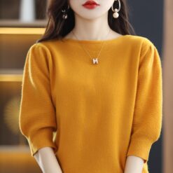 Spring And Autumn New Women s Seven Point Short Sleeved T Shirt Round Neck Knitted Pullover 1