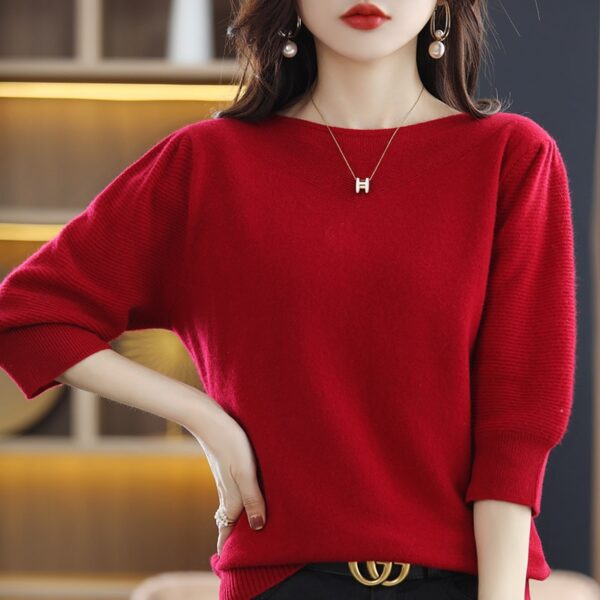 Spring And Autumn New Women s Seven Point Short Sleeved T Shirt Round Neck Knitted Pullover 2