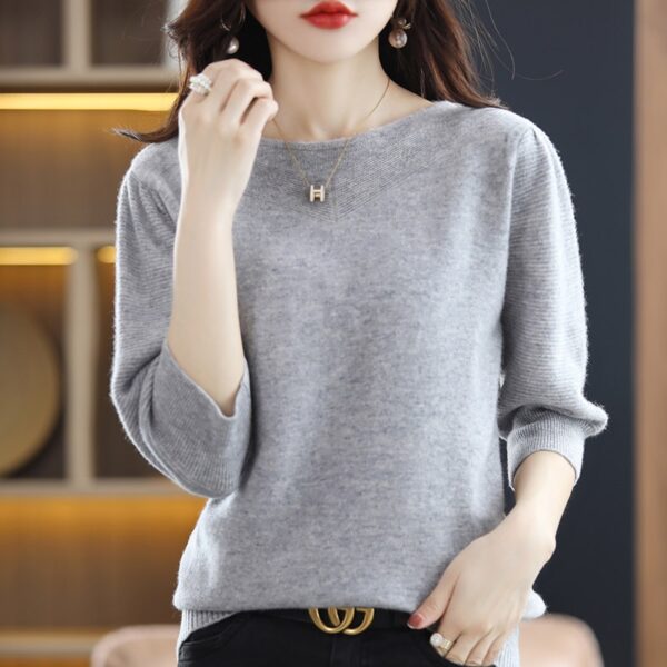 Spring And Autumn New Women s Seven Point Short Sleeved T Shirt Round Neck Knitted Pullover 3