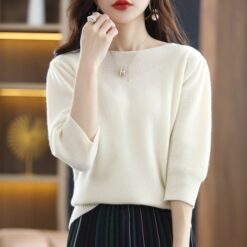 Spring And Autumn New Women s Seven Point Short Sleeved T Shirt Round Neck Knitted Pullover 3.jpg 640x640 3