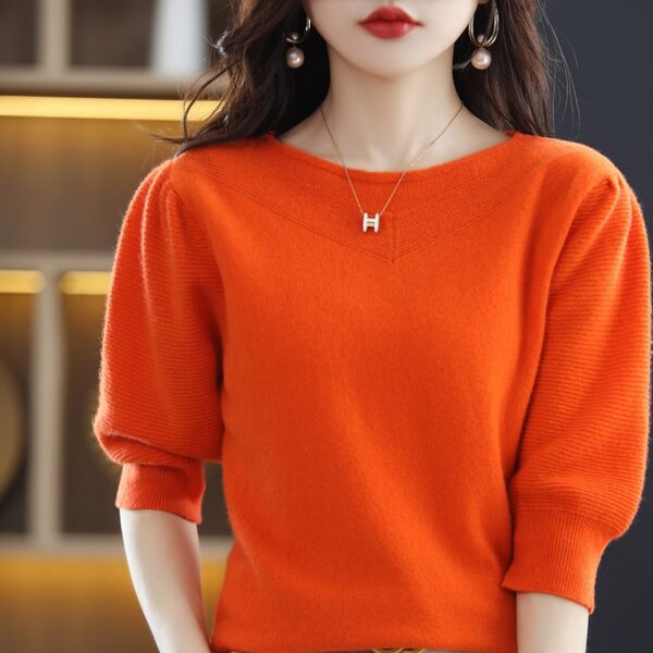 Spring And Autumn New Women s Seven Point Short Sleeved T Shirt Round Neck Knitted Pullover