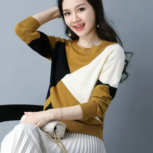 Spring Autumn New Knitting Contrast Pullovers Tops Long Sleeve O Neck Loose Vintage Sweaters Fashion Casual 1