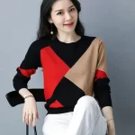 Spring Autumn New Knitting Contrast Pullovers Tops Long