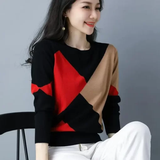 Spring Autumn New Knitting Contrast Pullovers Tops Long Sleeve O Neck Loose Vintage Sweaters Fashion Casual 3