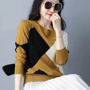 Spring Autumn New Knitting Contrast Pullovers Tops Long Sleeve O Neck Loose Vintage Sweaters Fashion Casual 4