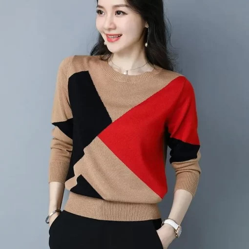 Spring Autumn New Knitting Contrast Pullovers Tops Long Sleeve O Neck Loose Vintage Sweaters Fashion Casual 5