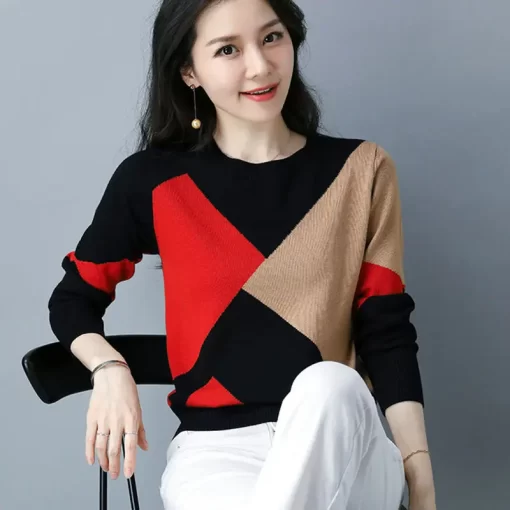 Spring Autumn New Knitting Contrast Pullovers Tops Long Sleeve O Neck Loose Vintage Sweaters Fashion Casual