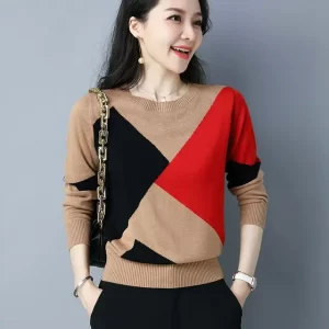 Spring Autumn New Knitting Contrast Pullovers Tops Long Sleeve O Neck Loose Vintage Sweaters Fashion Casual.jpg 640x640