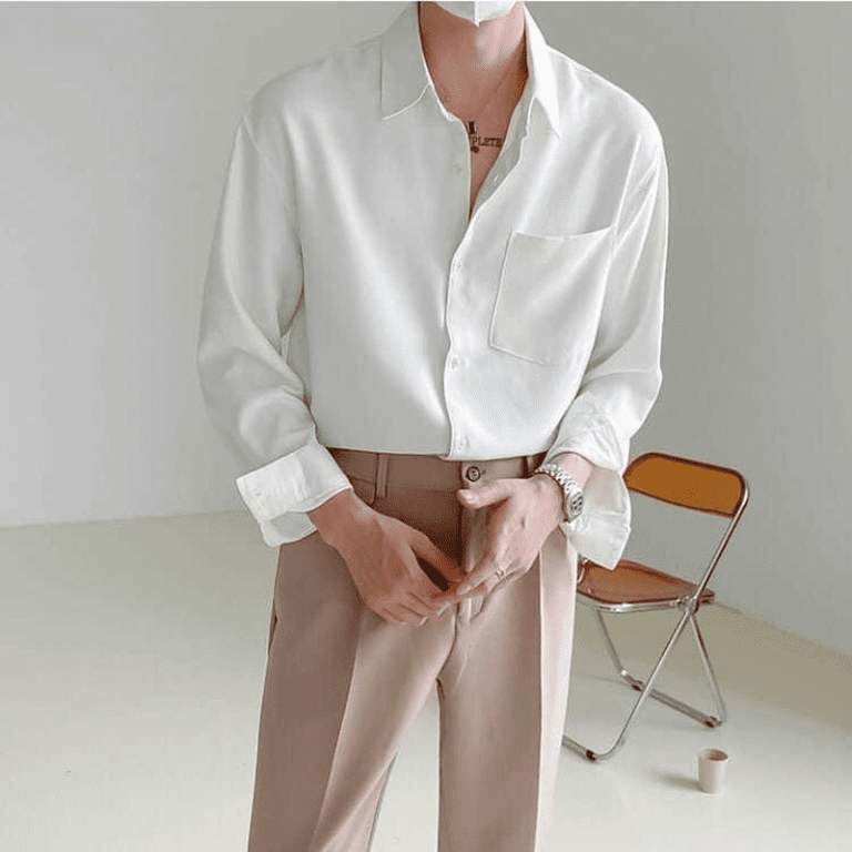 Spring New Senior Long Sleeve Button Down Shirts for Men Korean Fashion Loose Drape Solid Color 2