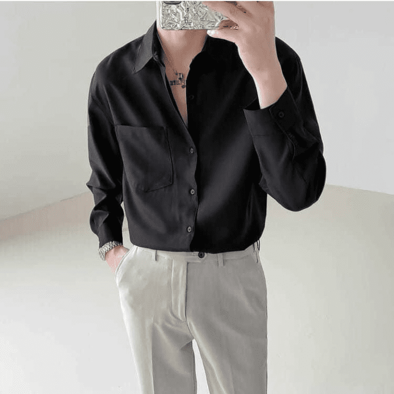 Spring New Senior Long Sleeve Button Down Shirts for Men Korean Fashion Loose Drape Solid Color 3