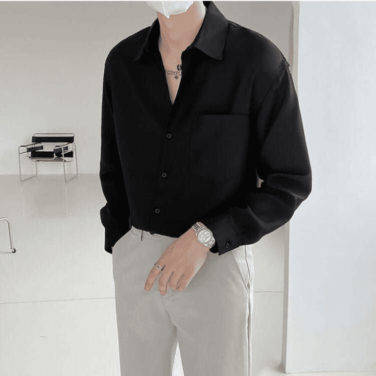 Spring New Senior Long Sleeve Button Down Shirts for Men Korean Fashion Loose Drape Solid Color 4