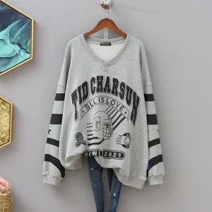 Spring and Autumn Women s Pullover V neck Mid Length Printed Screw Thread Letter Loose Casual