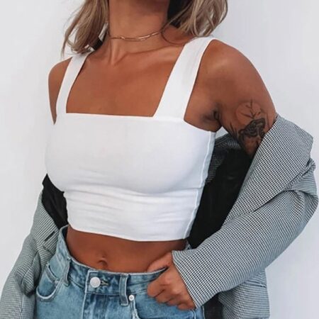 Square Neck Sleeveless Summer Crop Top White Women Black Casual Basic T Shirt Off Shoulder Cami