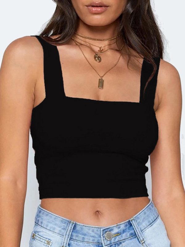 Square Neck Sleeveless Summer Crop Top White Women Black Casual Basic T Shirt Off Shoulder Cami 5