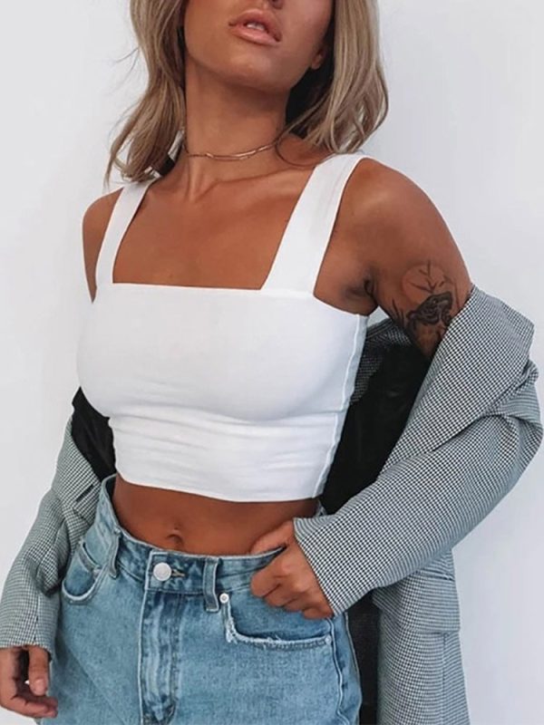Square Neck Sleeveless Summer Crop Top White Women Black Casual Basic T Shirt Off Shoulder Cami
