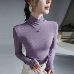 Stand up Collar Long sleeved Stretch T shirt Women s Fall winter Fleece Padded Warm Basic jpg x