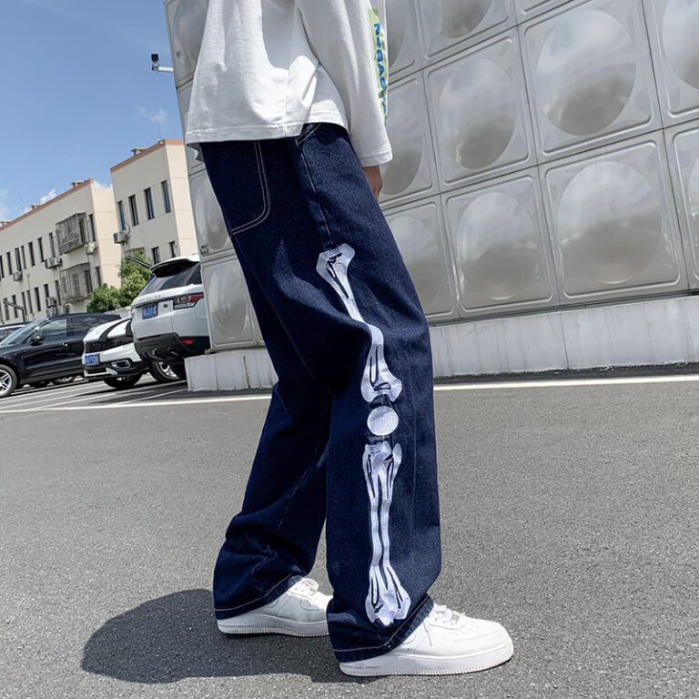 Straight Jean Pants Man Skeleton Embroidery Mopping Trousers Mens Streetwear Denim Pants Men s Clothing Jeans 5