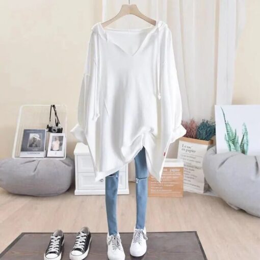 Straight Long Sleeve Pullovers Hooded Casual Sweatshirts Solid Color Lacing Fashion Loose Streetwear Autumn Thin Women 2