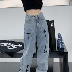 Streetwear Cross Embroidery Jeans Woman High Waist Y2k Straight Baggy Pants Korean Fashion Versatile Casual Denim 1