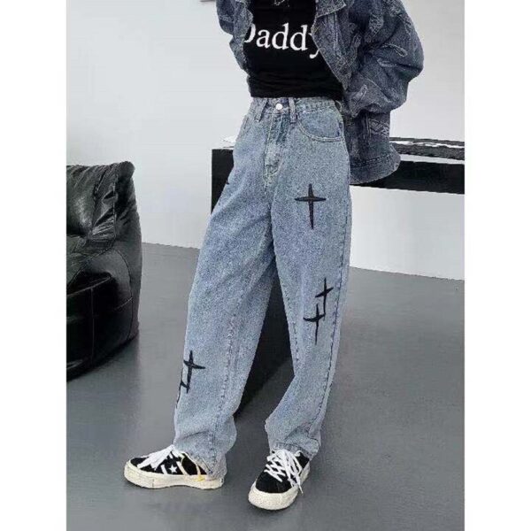 Streetwear Cross Embroidery Jeans Woman High Waist Y2k Straight Baggy Pants Korean Fashion Versatile Casual Denim 3