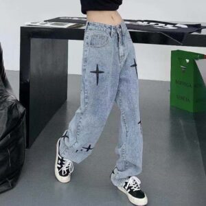 Streetwear Cross Embroidery Jeans Woman High Waist Y2k Straight Baggy Pants Korean Fashion Versatile Casual Denim