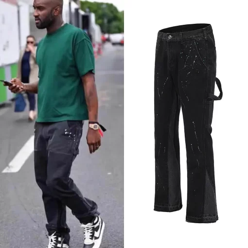 Streetwear Flared Pants Black Wide Leg Jeans Y2k Hip Hop Splashed Ink Jean Male Slim Patchwork