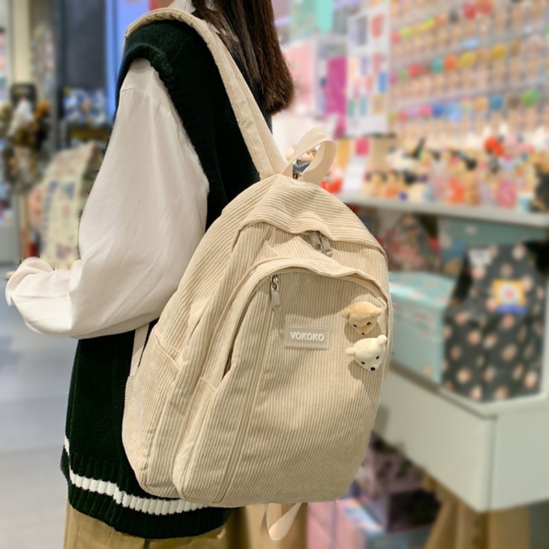 Stripe Cute Corduroy Woman Backpack...