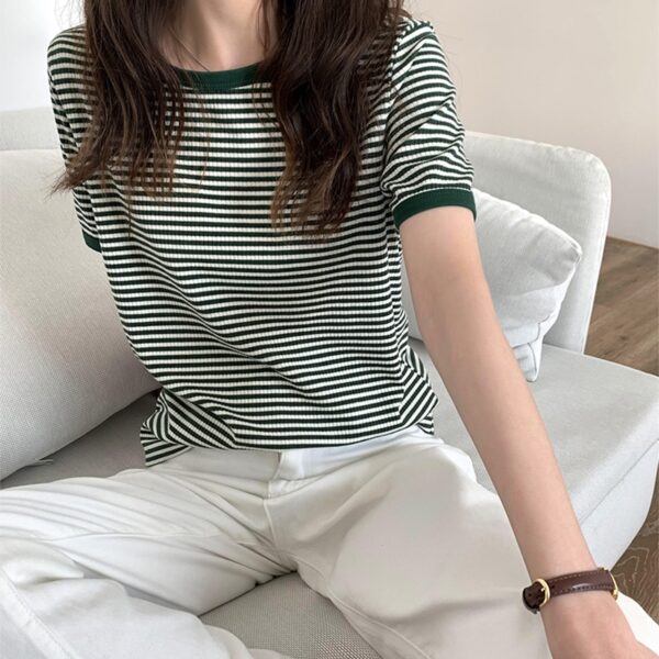 Striped Vintage Short Sleeve T Shirt Women 2022 Summer Korean Fashion T shir Soft Tops Tshirts 1