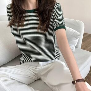 Striped Vintage Short Sleeve T Shirt Women 2022 Summer Korean Fashion T shir Soft Tops Tshirts 2.jpg 640x640 2