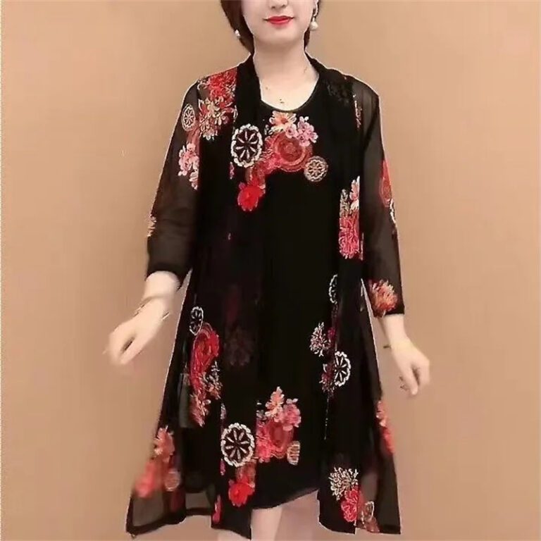 Suit Single Piece Plus Size Women Print Cardigan Jacket And Dress Mother Half Sleeves Two Piece 2