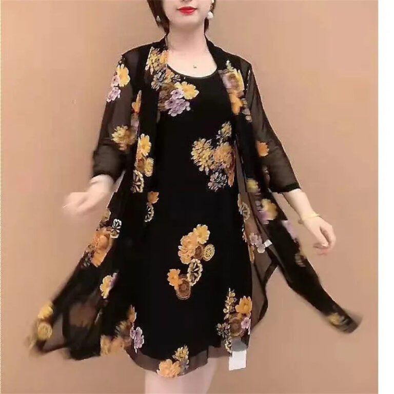 Suit Single Piece Plus Size Women Print Cardigan Jacket And Dress Mother Half Sleeves Two Piece 4