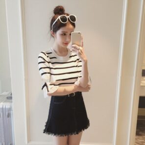Summer Acrylic Women s T Shirt Round Collar Middle Sleeve Pullover Striped Patchwork Slim Fashion Casual 1.jpg 640x640 1