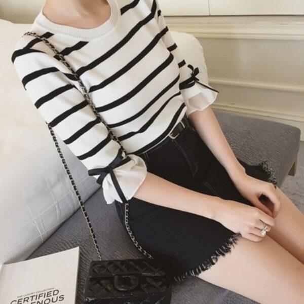 Summer Acrylic Women s T Shirt Round Collar Middle Sleeve Pullover Striped Patchwork Slim Fashion Casual 2