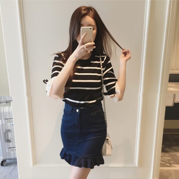 Summer Acrylic Women s T Shirt Round Collar Middle Sleeve Pullover Striped Patchwork Slim Fashion Casual