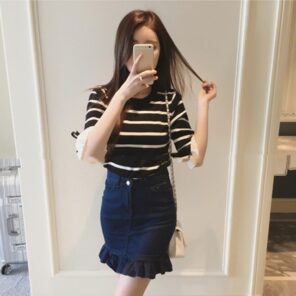 Summer Acrylic Women s T Shirt Round Collar Middle Sleeve Pullover Striped Patchwork Slim Fashion Casual.jpg 640x640