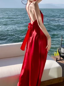 Summer Elegant Backless Women Sexy Midi Dress Sleeveless Vintage Casual Beach One Pieces Vestidos Femme Fashion